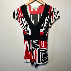 Baby Tears Top VTG 90s Y2k Red Black Abstract BabyDoll Tie Back Knit Tunic S